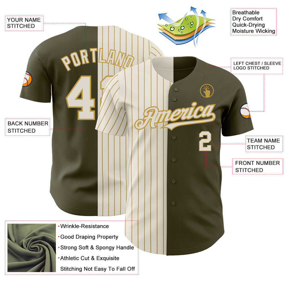 Custom Olive Cream-Old Gold Pinstripe Authentic Split Fashion Salute To Service Baseball Jersey view 3