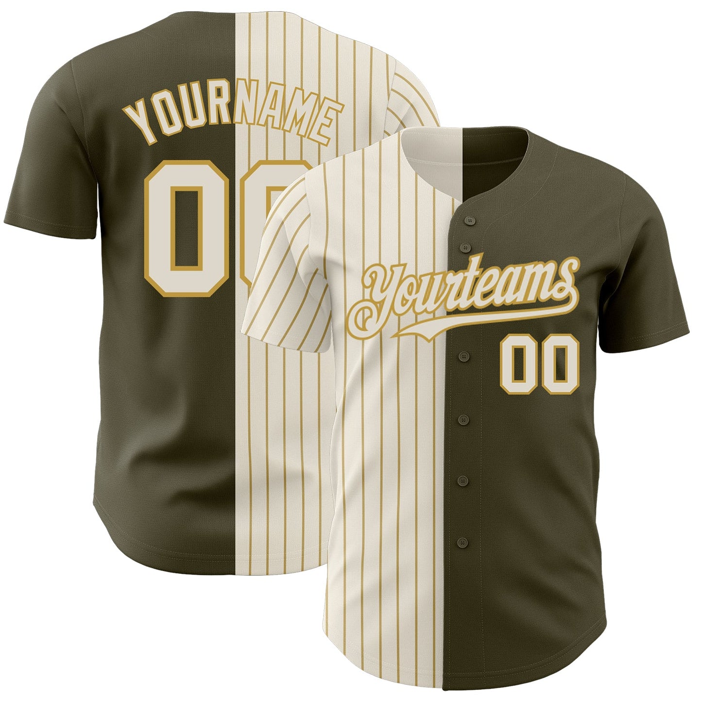 Custom Olive Cream-Old Gold Pinstripe Authentic Split Fashion Salute To Service Baseball Jersey - Main View