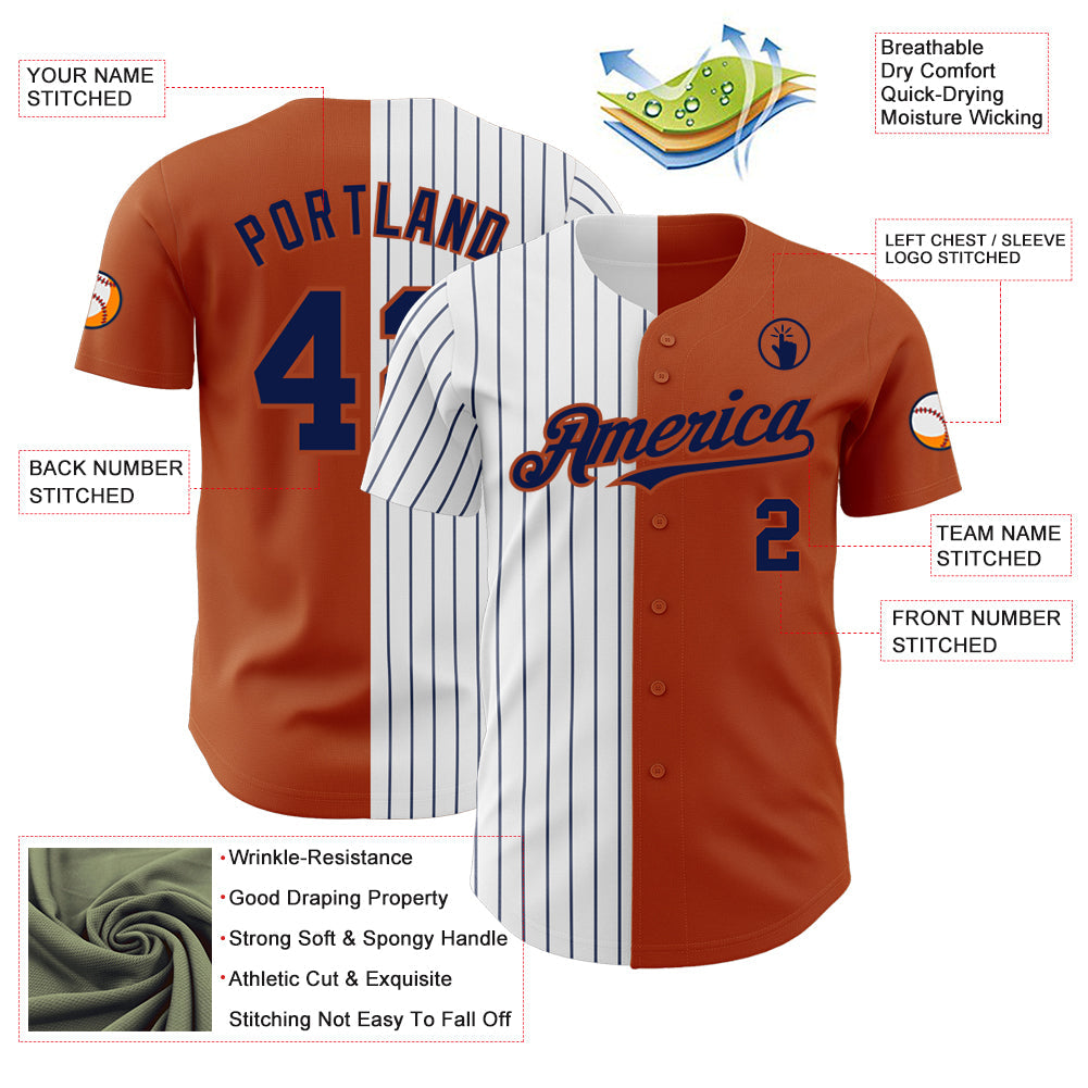 Custom Texas Orange White-Navy Pinstripe Authentic Split Fashion Baseball Jersey view 3