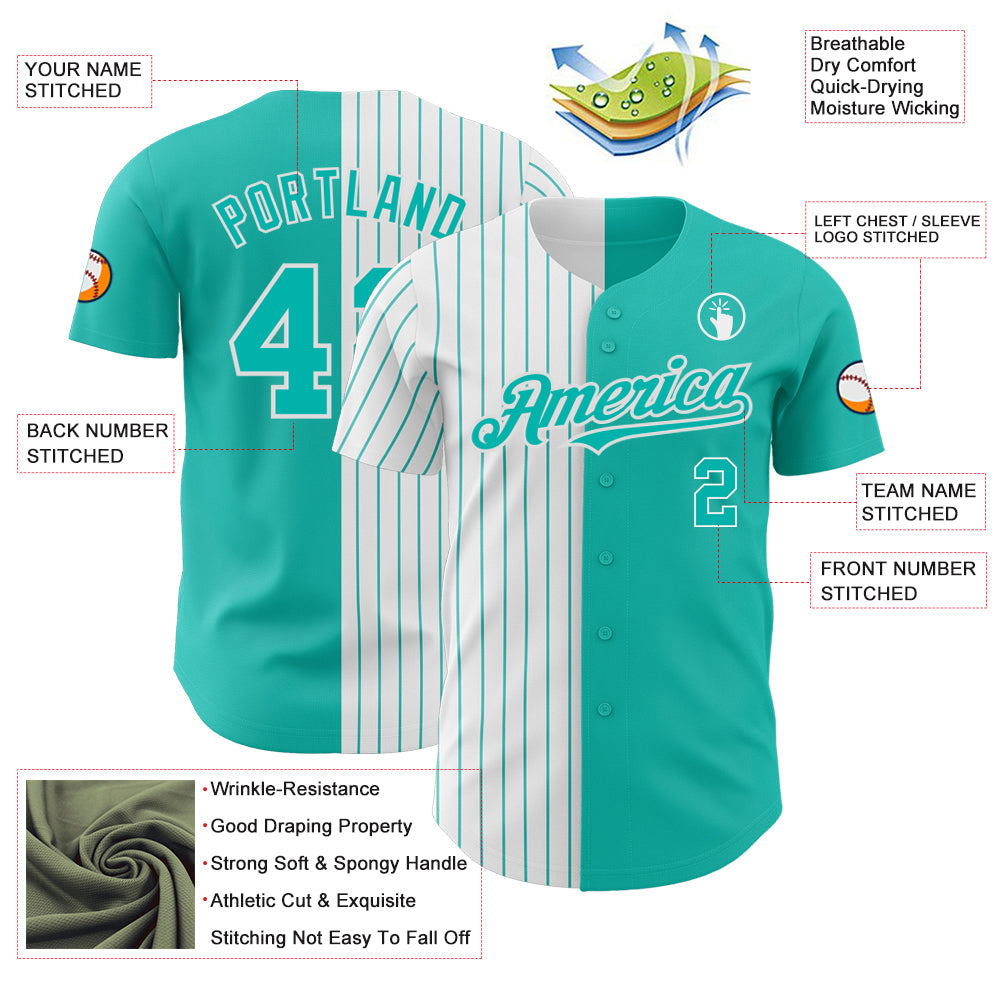 Custom Aqua White-Aqua Pinstripe Authentic Split Fashion Baseball Jersey view 3