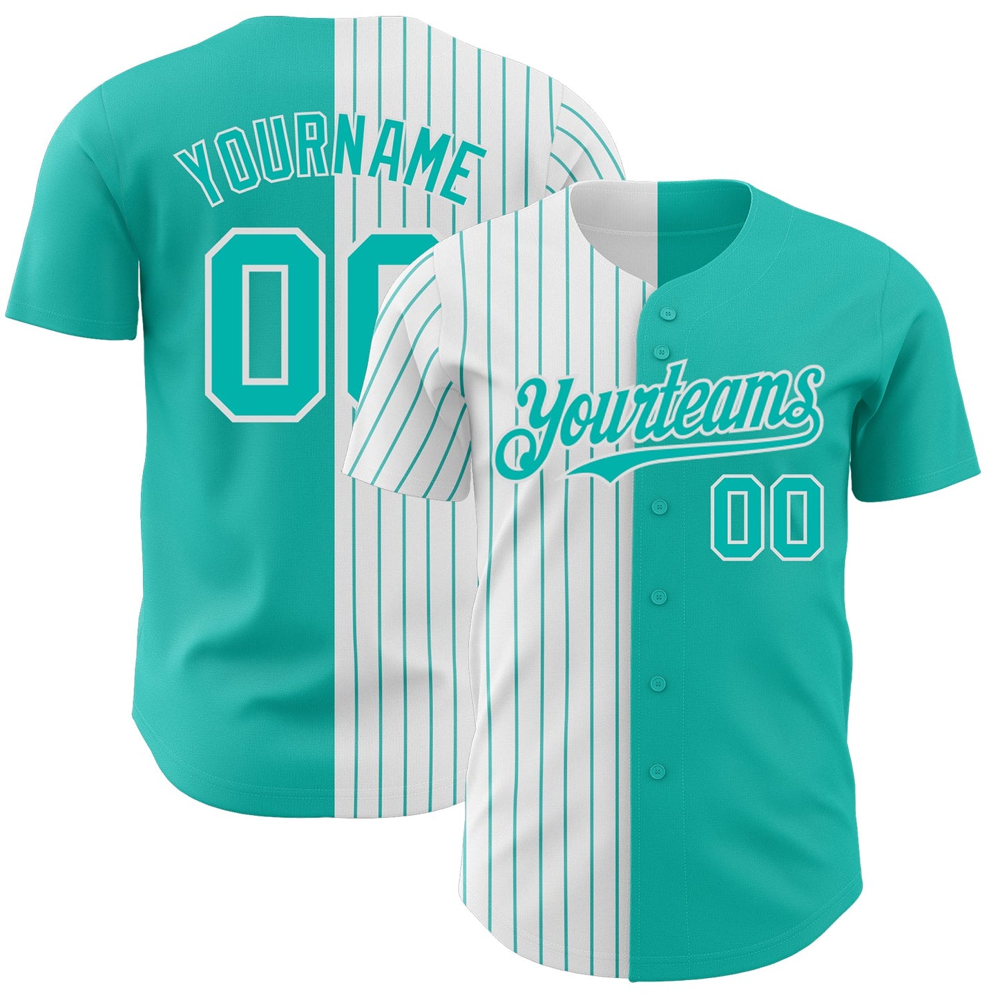 Custom Aqua White-Aqua Pinstripe Authentic Split Fashion Baseball Jersey - Main View