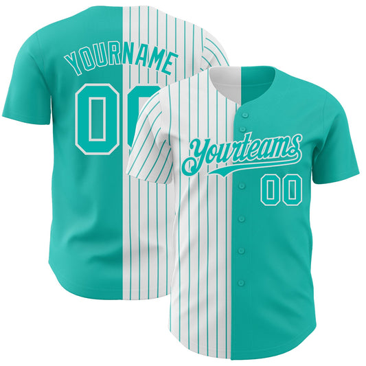 Custom Aqua White-Aqua Pinstripe Authentic Split Fashion Baseball Jersey - Main View