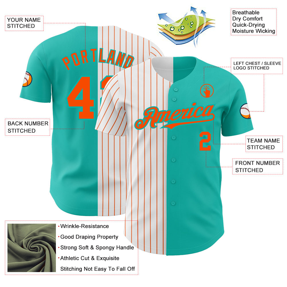 Custom Aqua White-Orange Pinstripe Authentic Split Fashion Baseball Jersey view 3
