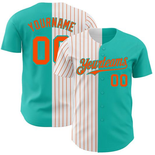 Custom Aqua White-Orange Pinstripe Authentic Split Fashion Baseball Jersey - Main View