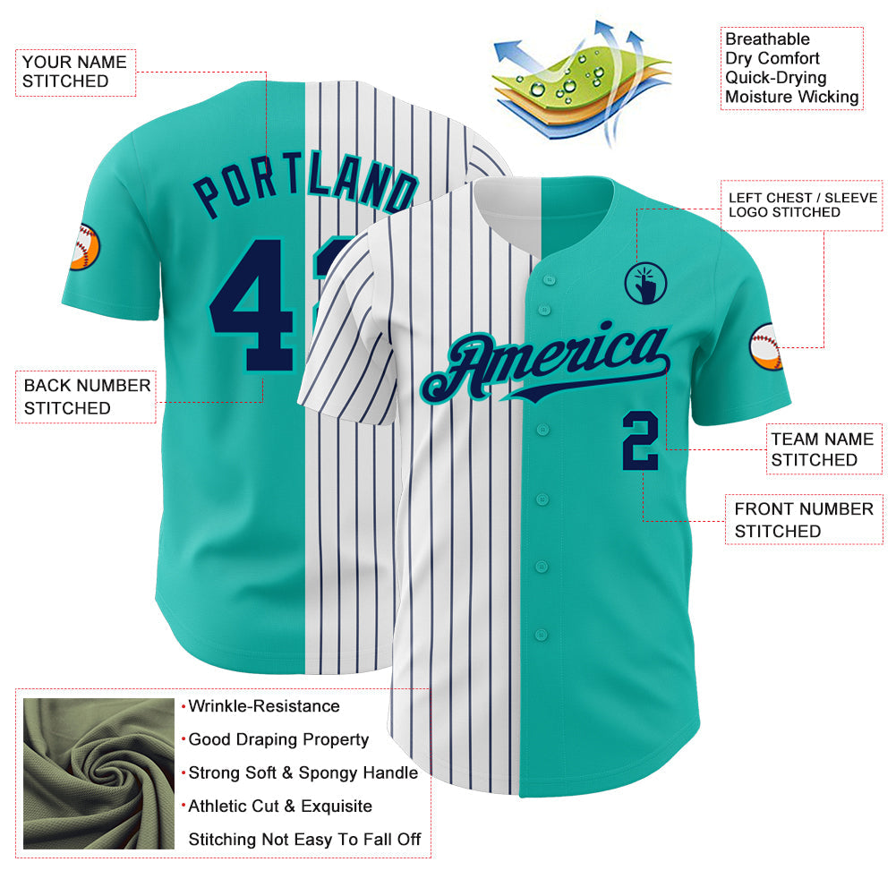 Custom Aqua White-Navy Pinstripe Authentic Split Fashion Baseball Jersey view 3