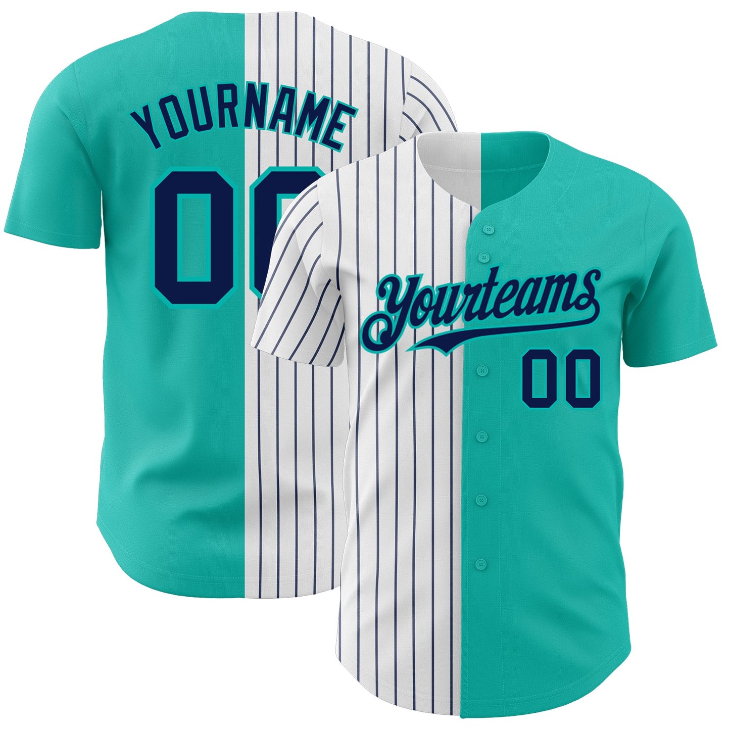 Custom Aqua White-Navy Pinstripe Authentic Split Fashion Baseball Jersey - Main View
