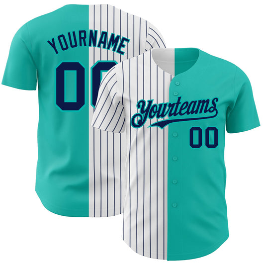 Custom Aqua White-Navy Pinstripe Authentic Split Fashion Baseball Jersey - Main View