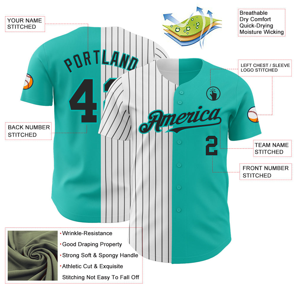 Custom Aqua White-Black Pinstripe Authentic Split Fashion Baseball Jersey view 3