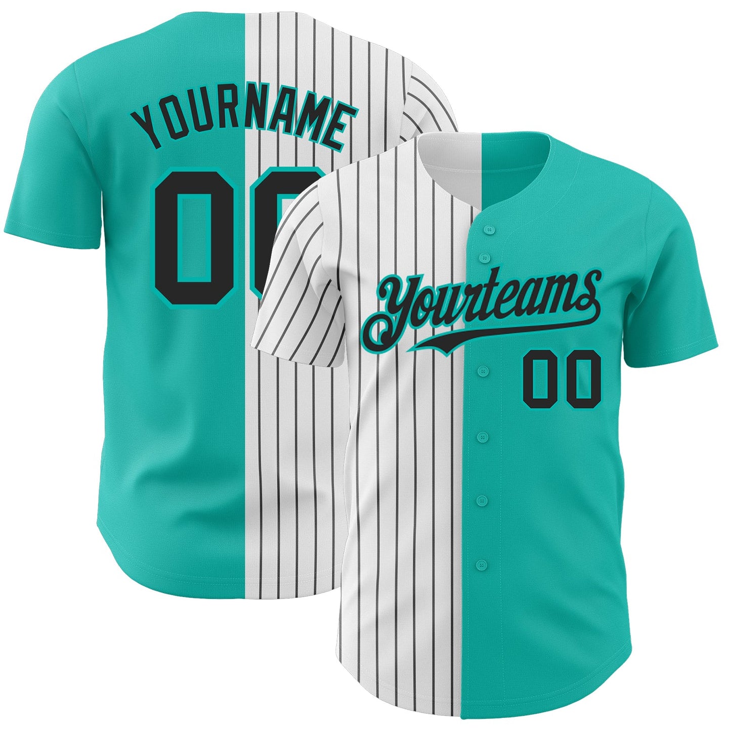Custom Aqua White-Black Pinstripe Authentic Split Fashion Baseball Jersey - Main View