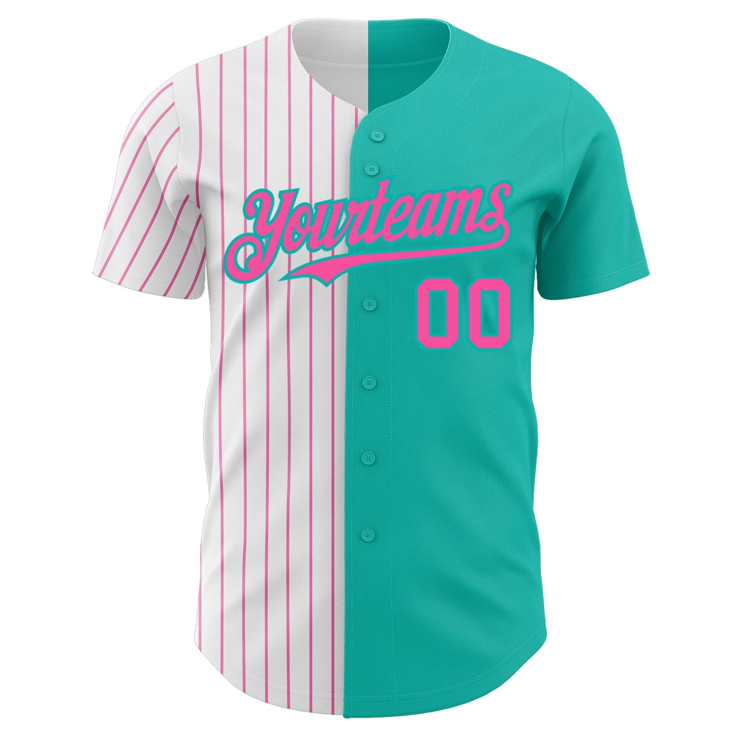 Custom Aqua White-Pink Pinstripe Authentic Split Fashion Baseball Jersey view 2
