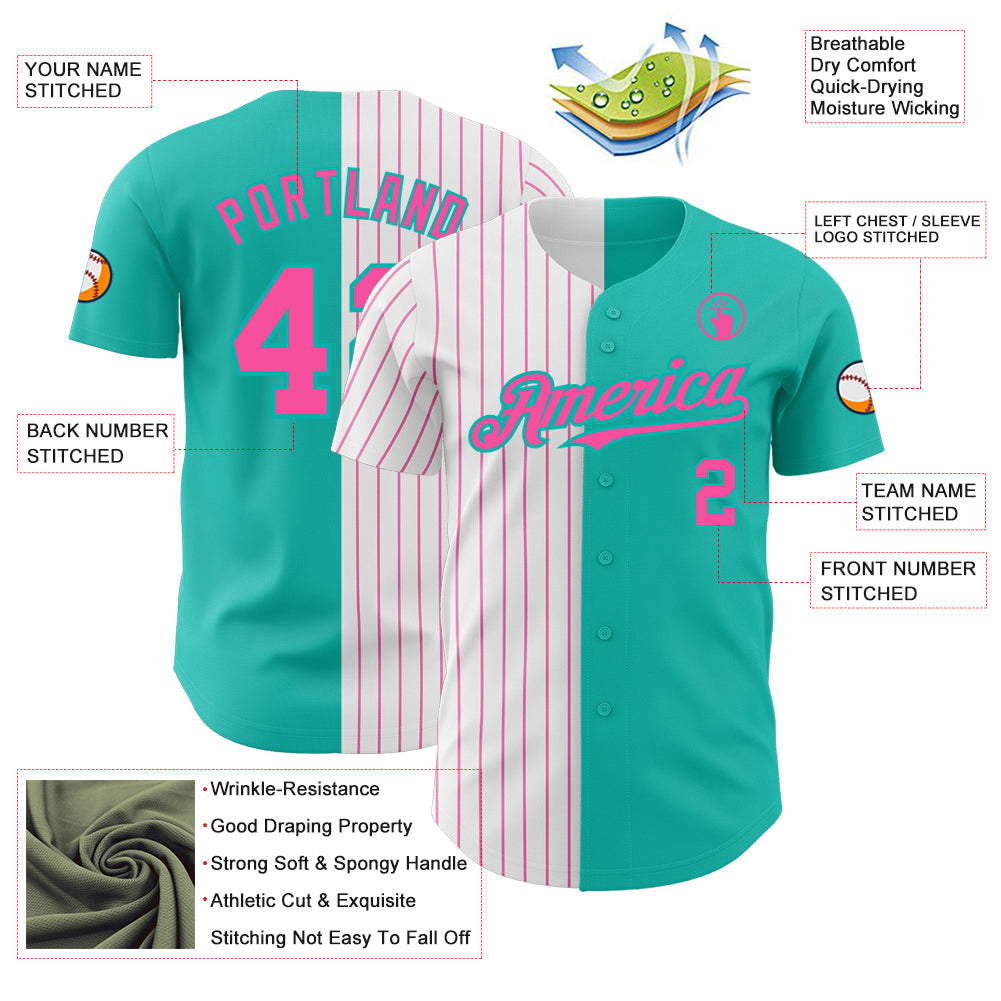 Custom Aqua White-Pink Pinstripe Authentic Split Fashion Baseball Jersey view 3