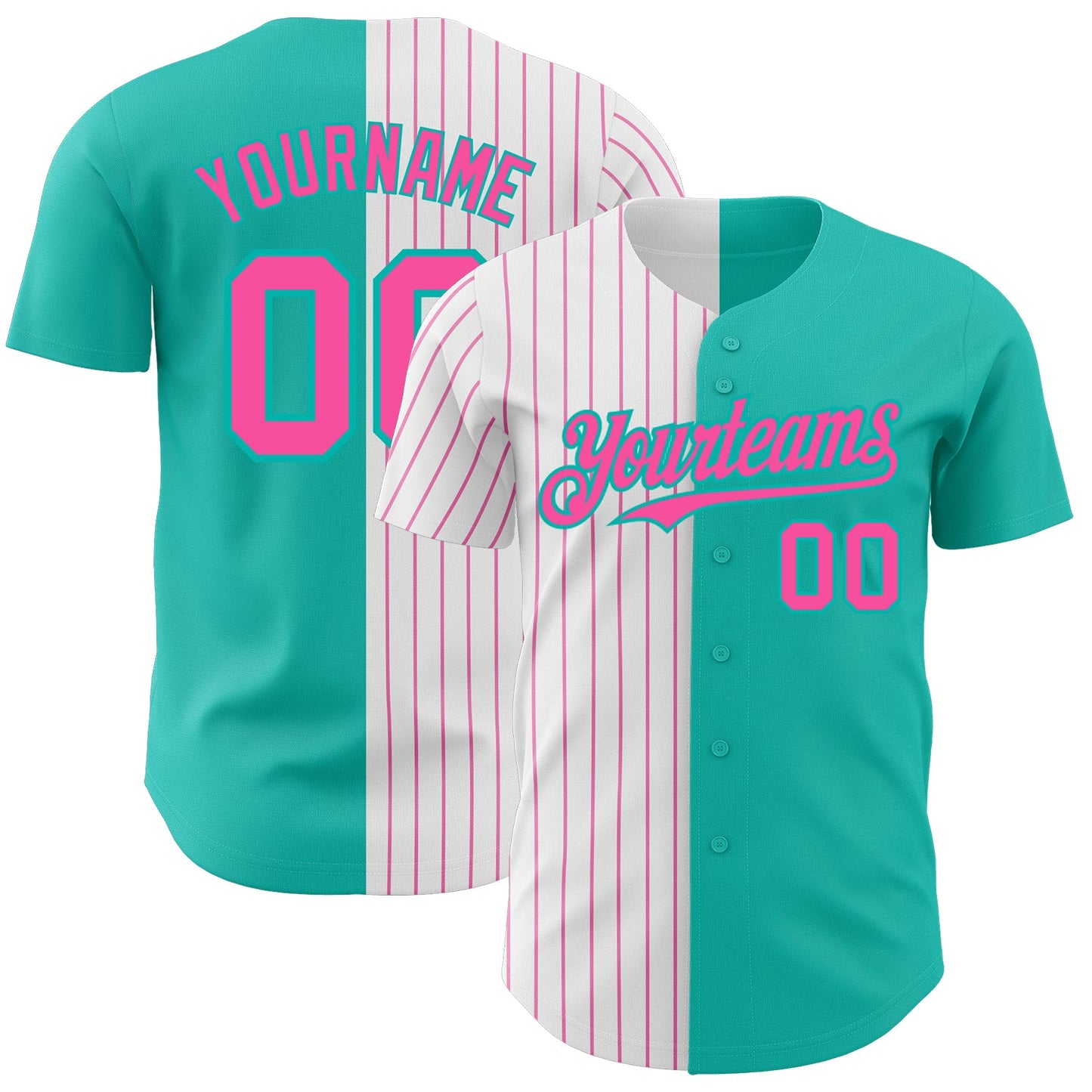 Custom Aqua White-Pink Pinstripe Authentic Split Fashion Baseball Jersey - Main View