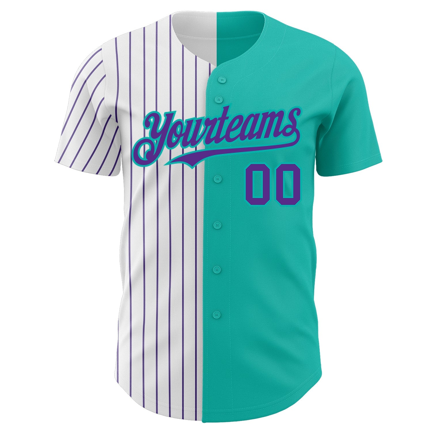 Custom Aqua White-Purple Pinstripe Authentic Split Fashion Baseball Jersey view 2