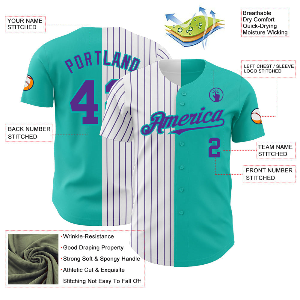 Custom Aqua White-Purple Pinstripe Authentic Split Fashion Baseball Jersey view 3