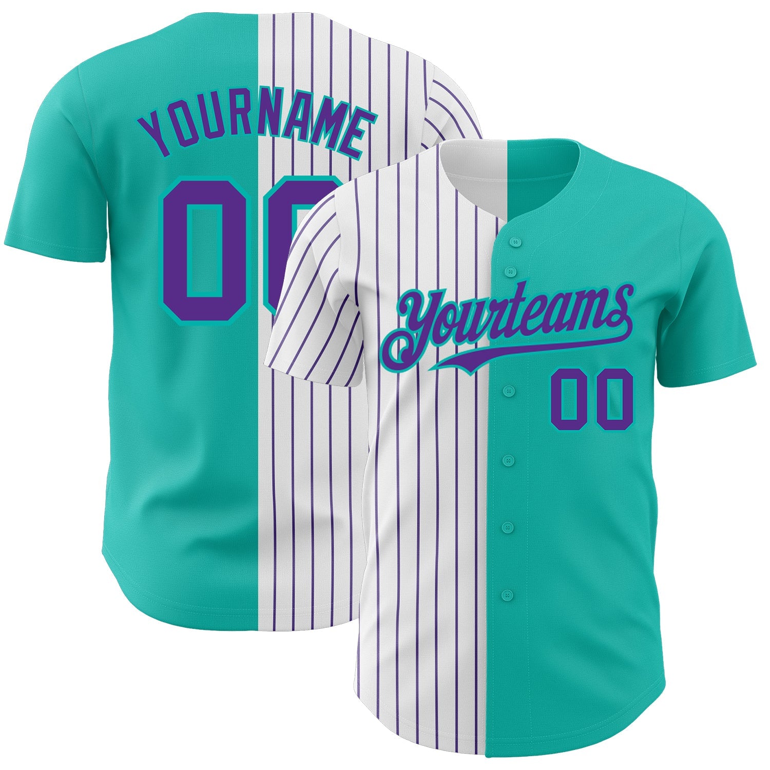 Custom Aqua White-Purple Pinstripe Authentic Split Fashion Baseball Jersey - Main View