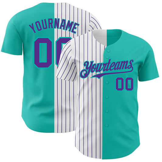 Custom Aqua White-Purple Pinstripe Authentic Split Fashion Baseball Jersey - Main View