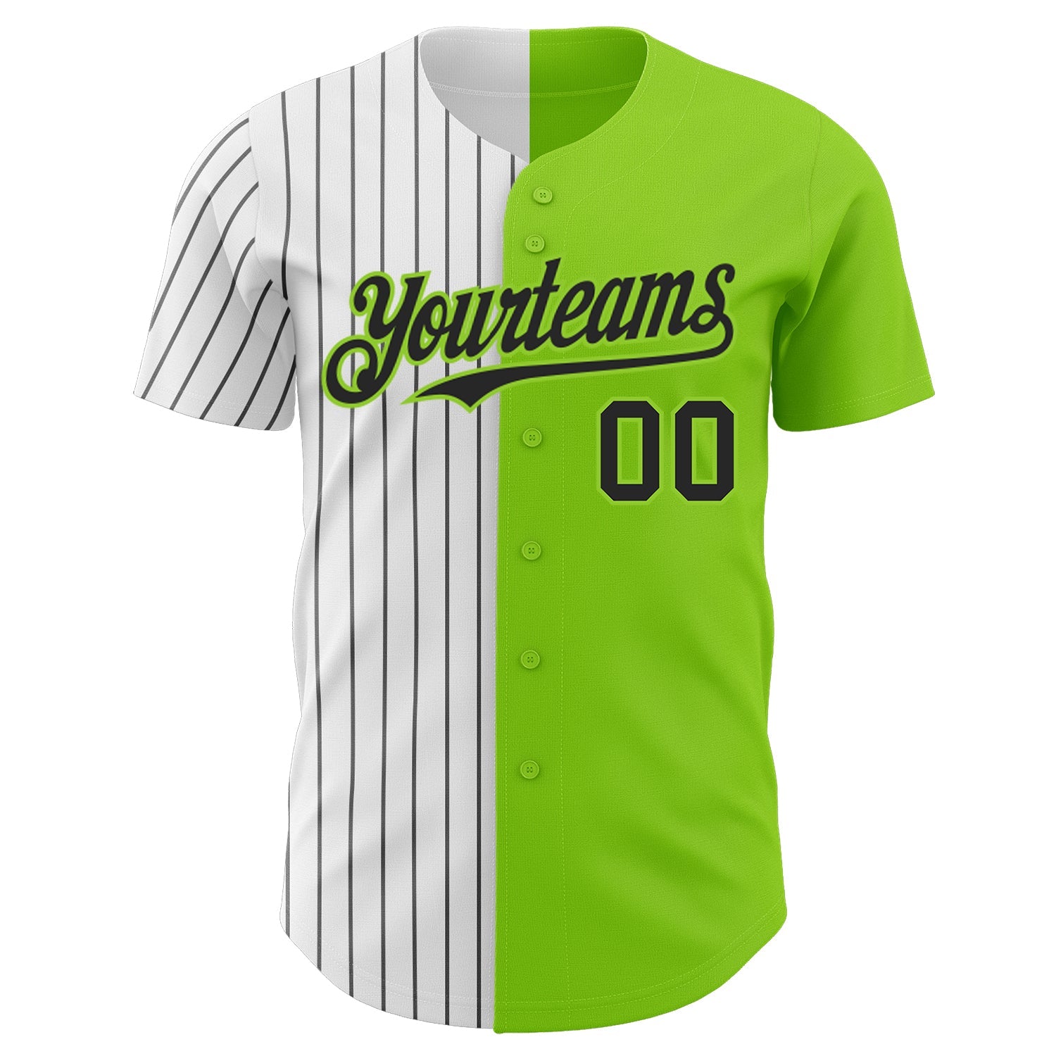 Custom Neon Green White-Black Pinstripe Authentic Split Fashion Baseball Jersey view 3