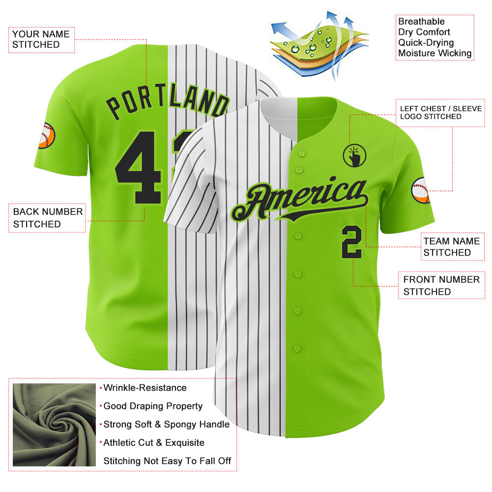 Custom Neon Green White-Black Pinstripe Authentic Split Fashion Baseball Jersey view 4