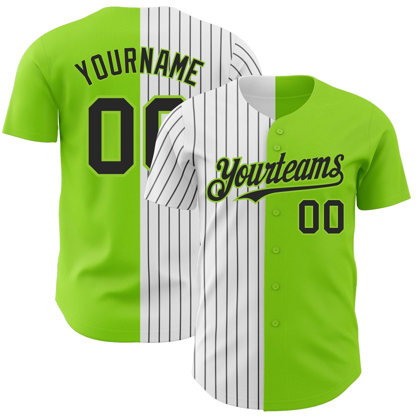 Custom Neon Green White-Black Pinstripe Authentic Split Fashion Baseball Jersey - Main View