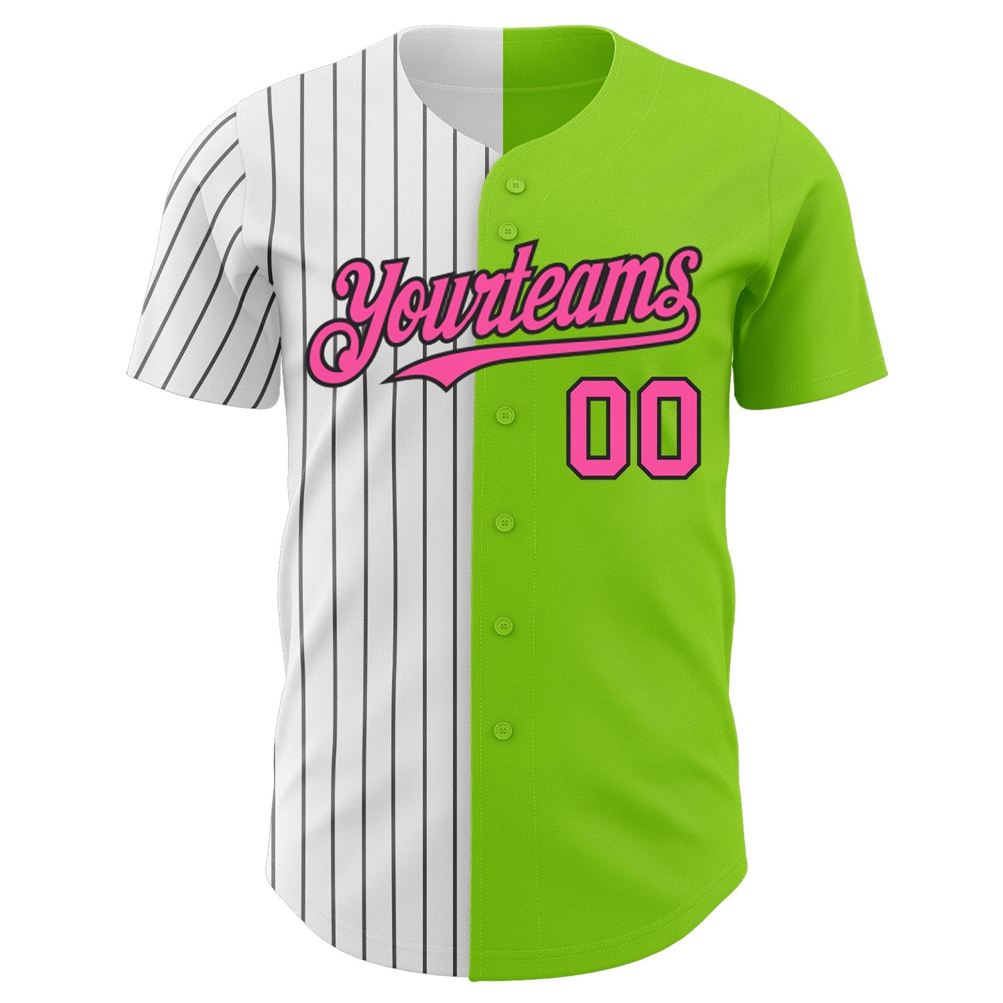 Custom Neon Green Pink-Black Pinstripe Authentic Split Fashion Baseball Jersey view 2