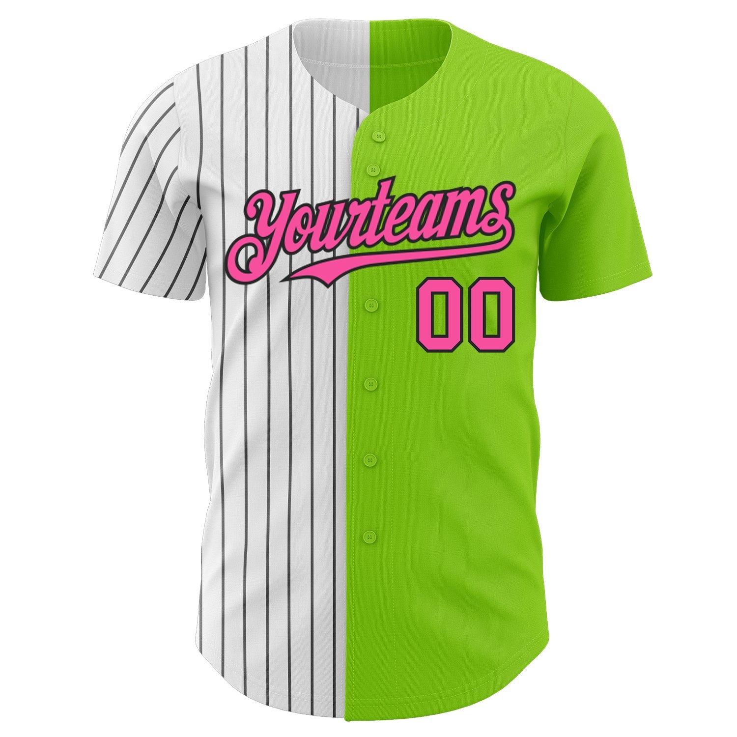 Custom Neon Green Pink-Black Pinstripe Authentic Split Fashion Baseball Jersey view 2