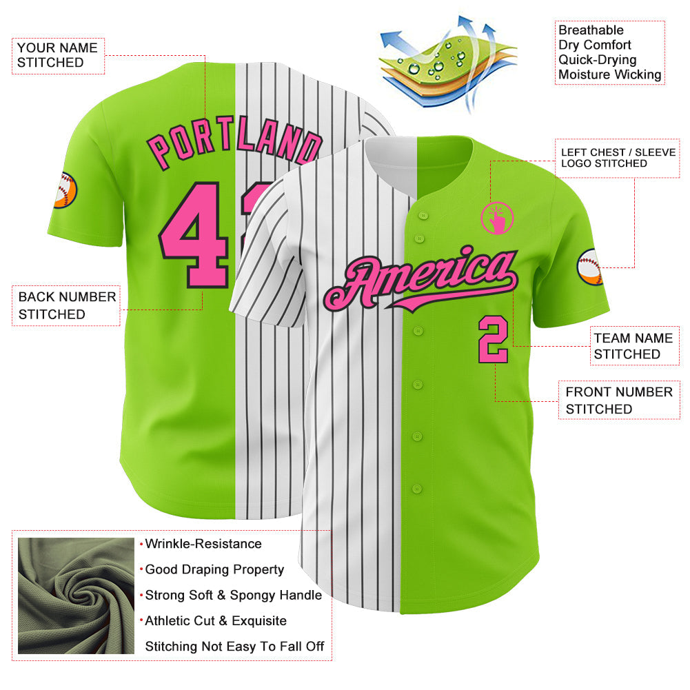 Custom Neon Green Pink-Black Pinstripe Authentic Split Fashion Baseball Jersey view 3
