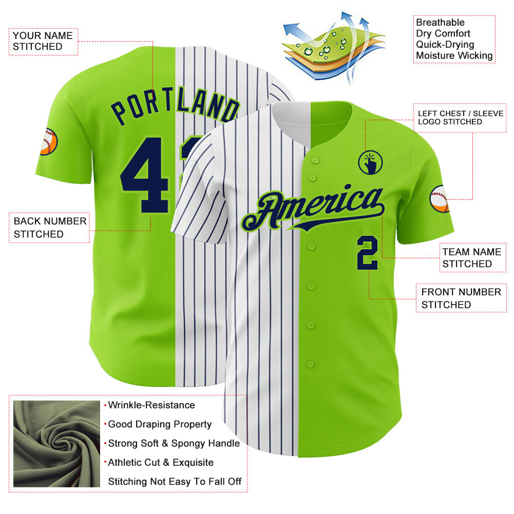 Custom Neon Green White-Navy Pinstripe Authentic Split Fashion Baseball Jersey view 3