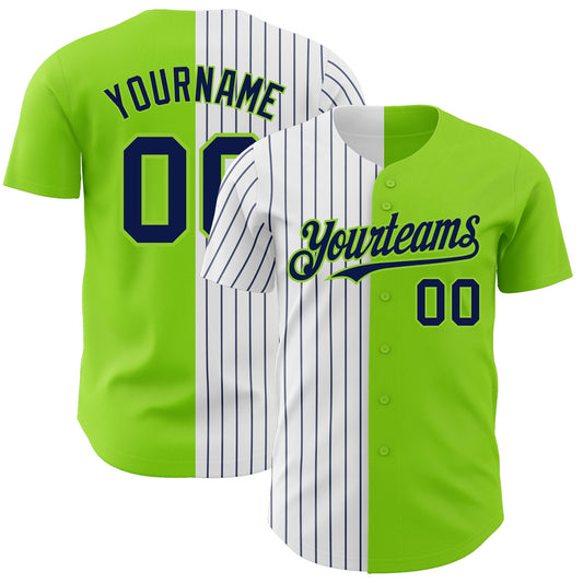 Custom Neon Green White-Navy Pinstripe Authentic Split Fashion Baseball Jersey - Main View