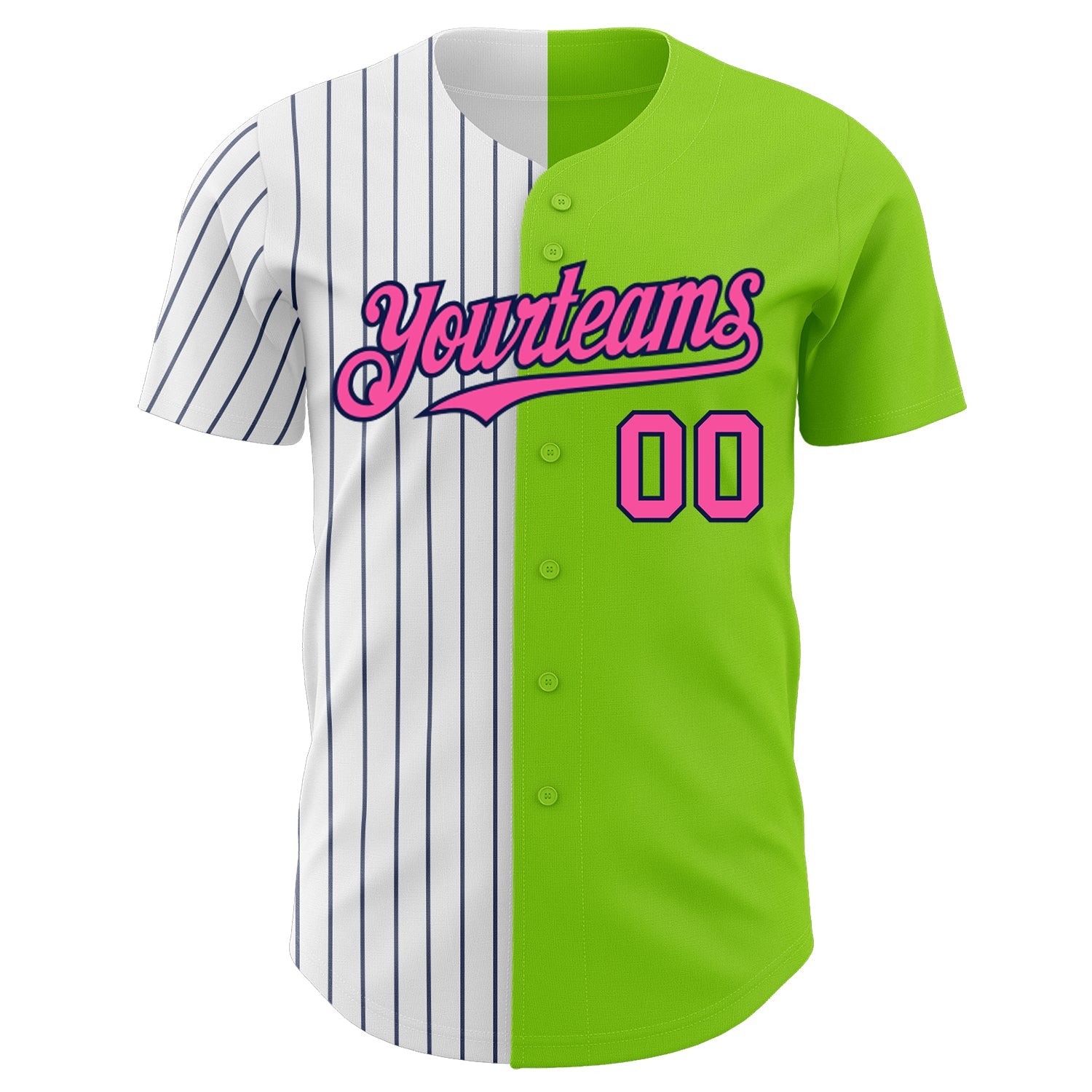 Custom Neon Green Pink-Navy Pinstripe Authentic Split Fashion Baseball Jersey view 2