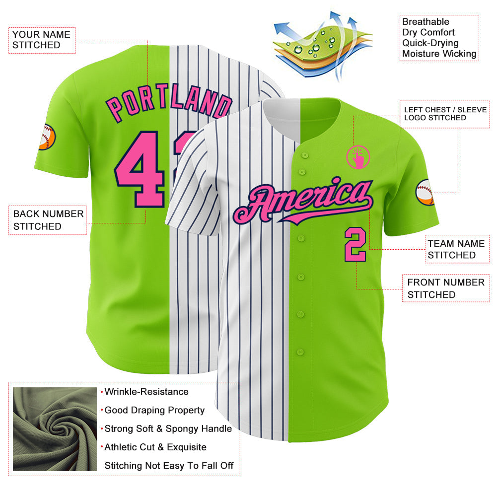 Custom Neon Green Pink-Navy Pinstripe Authentic Split Fashion Baseball Jersey view 3