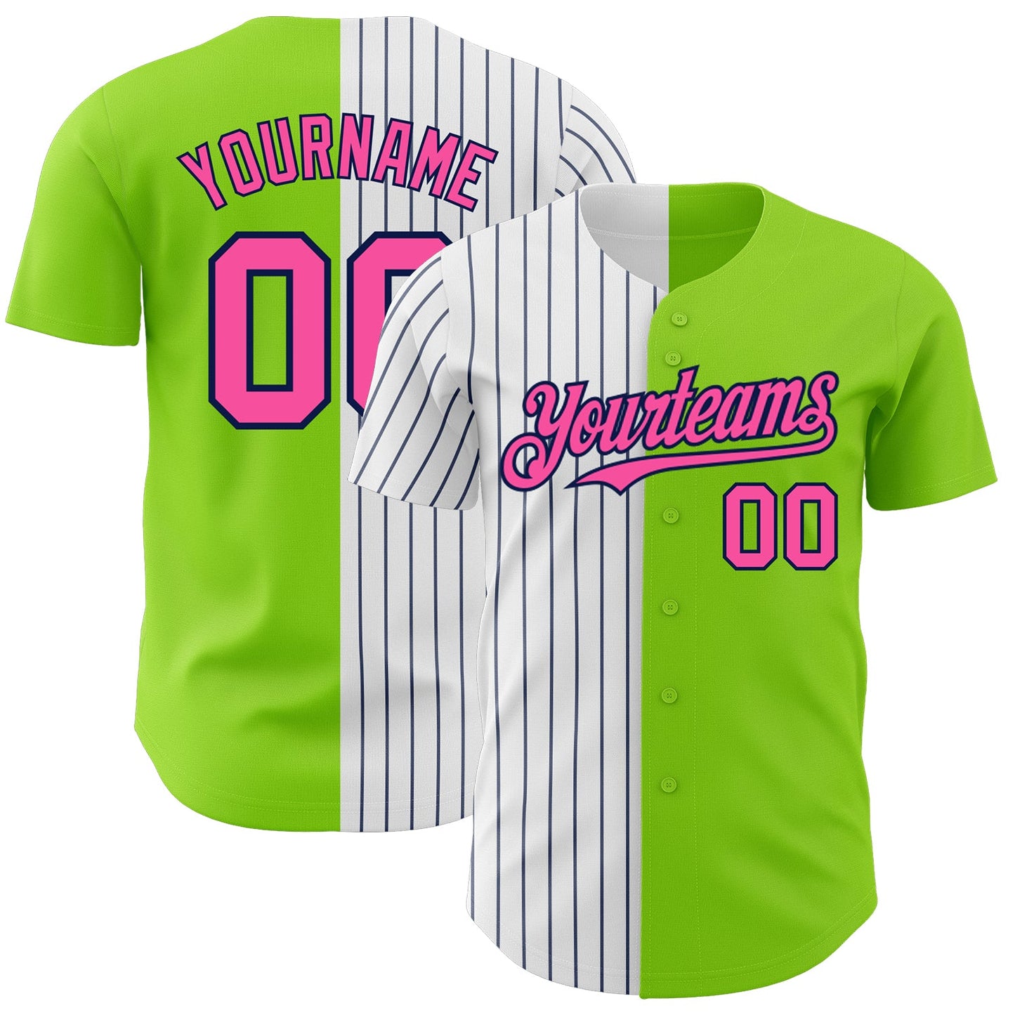Custom Neon Green Pink-Navy Pinstripe Authentic Split Fashion Baseball Jersey - Main View