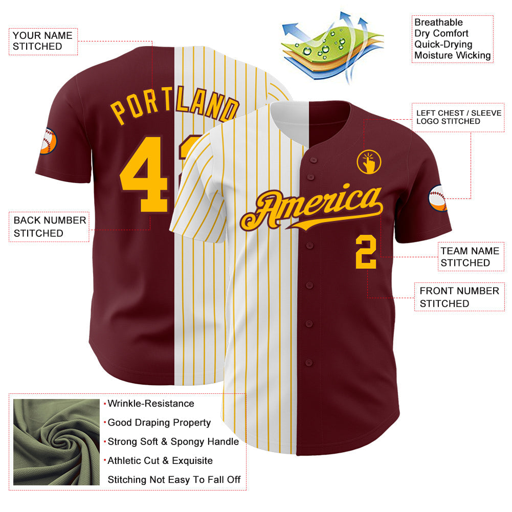 Custom Burgundy White-Gold Pinstripe Authentic Split Fashion Baseball Jersey view 3
