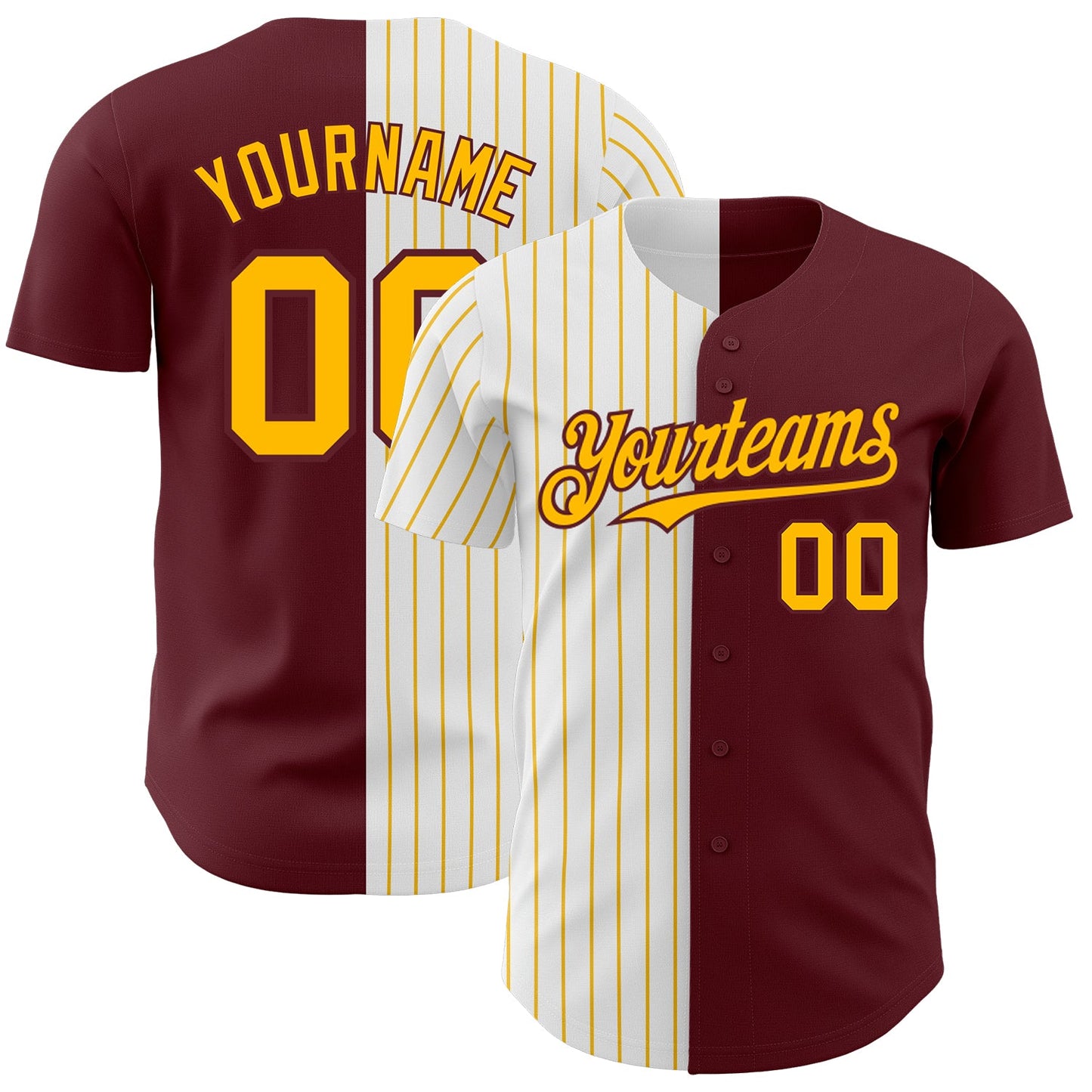 Custom Burgundy White-Gold Pinstripe Authentic Split Fashion Baseball Jersey - Main View