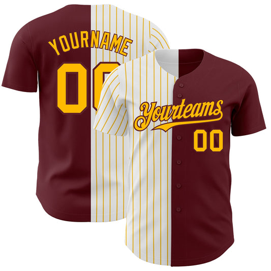 Custom Burgundy White-Gold Pinstripe Authentic Split Fashion Baseball Jersey - Main View