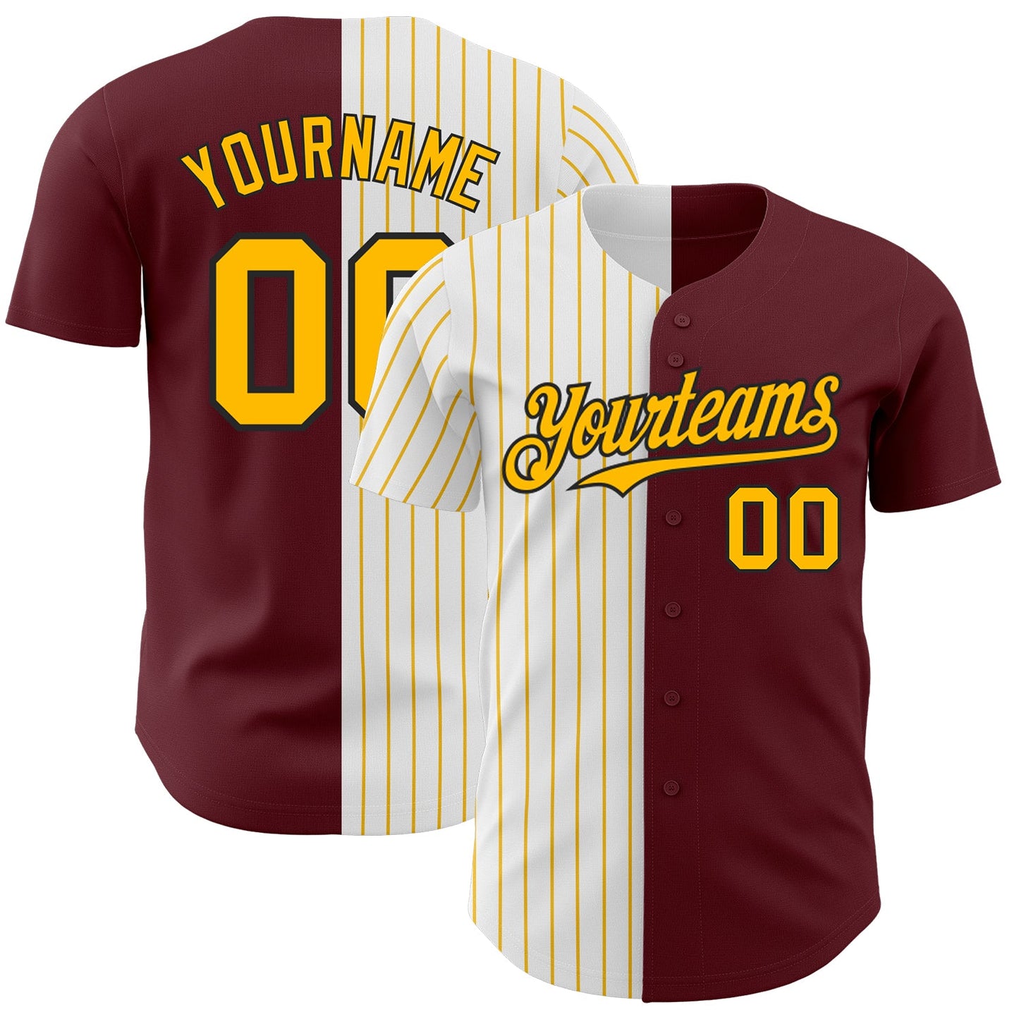 Custom Burgundy Black-Gold Pinstripe Authentic Split Fashion Baseball Jersey - Main View