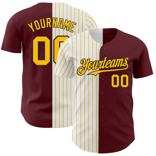 Custom Burgundy Black-Gold Pinstripe Authentic Split Fashion Baseball Jersey - Main View