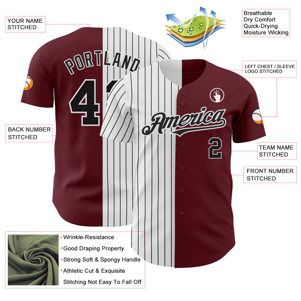 Custom Burgundy White-Black Pinstripe Authentic Split Fashion Baseball Jersey view 3