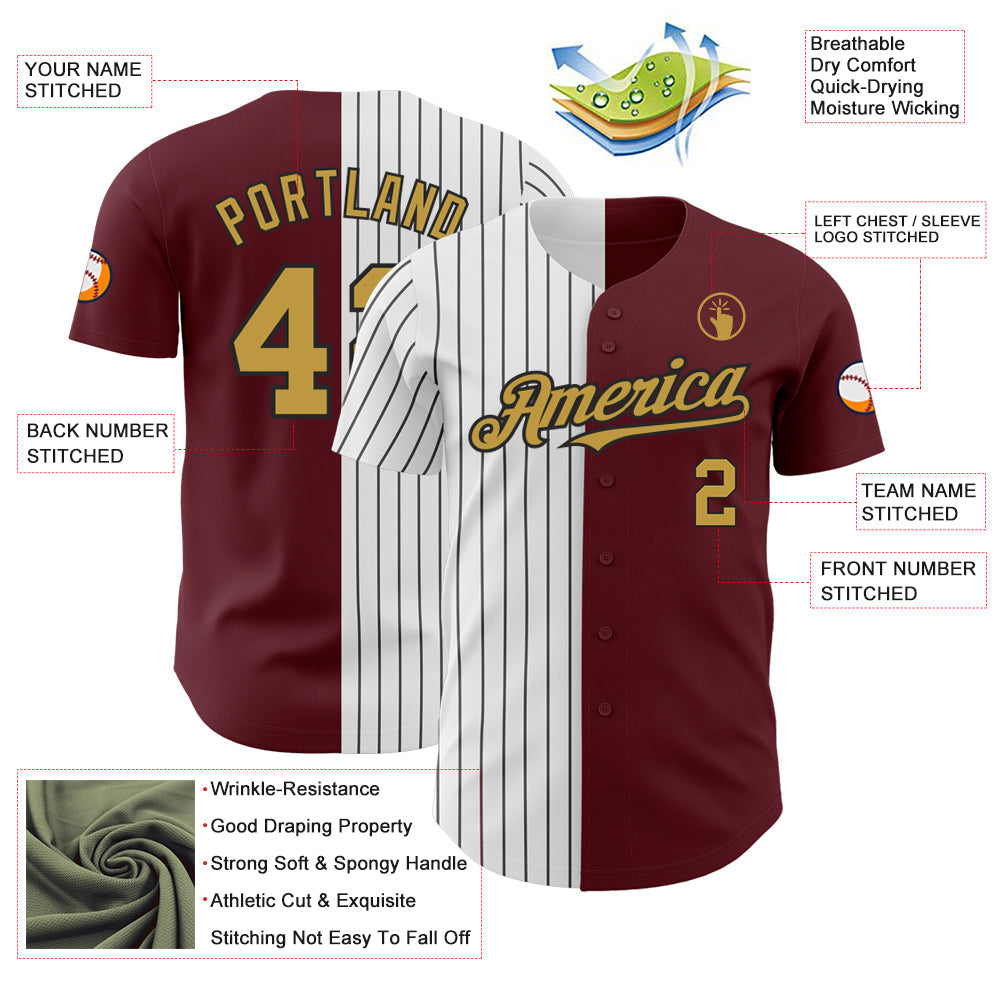 Custom Burgundy Old Gold-Black Pinstripe Authentic Split Fashion Baseball Jersey view 3