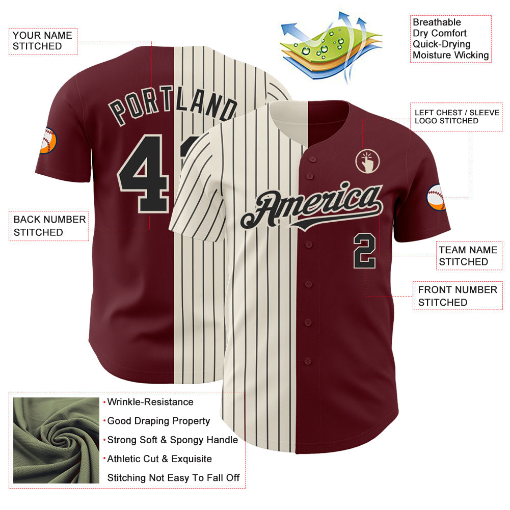 Custom Burgundy Cream-Black Pinstripe Authentic Split Fashion Baseball Jersey view 3