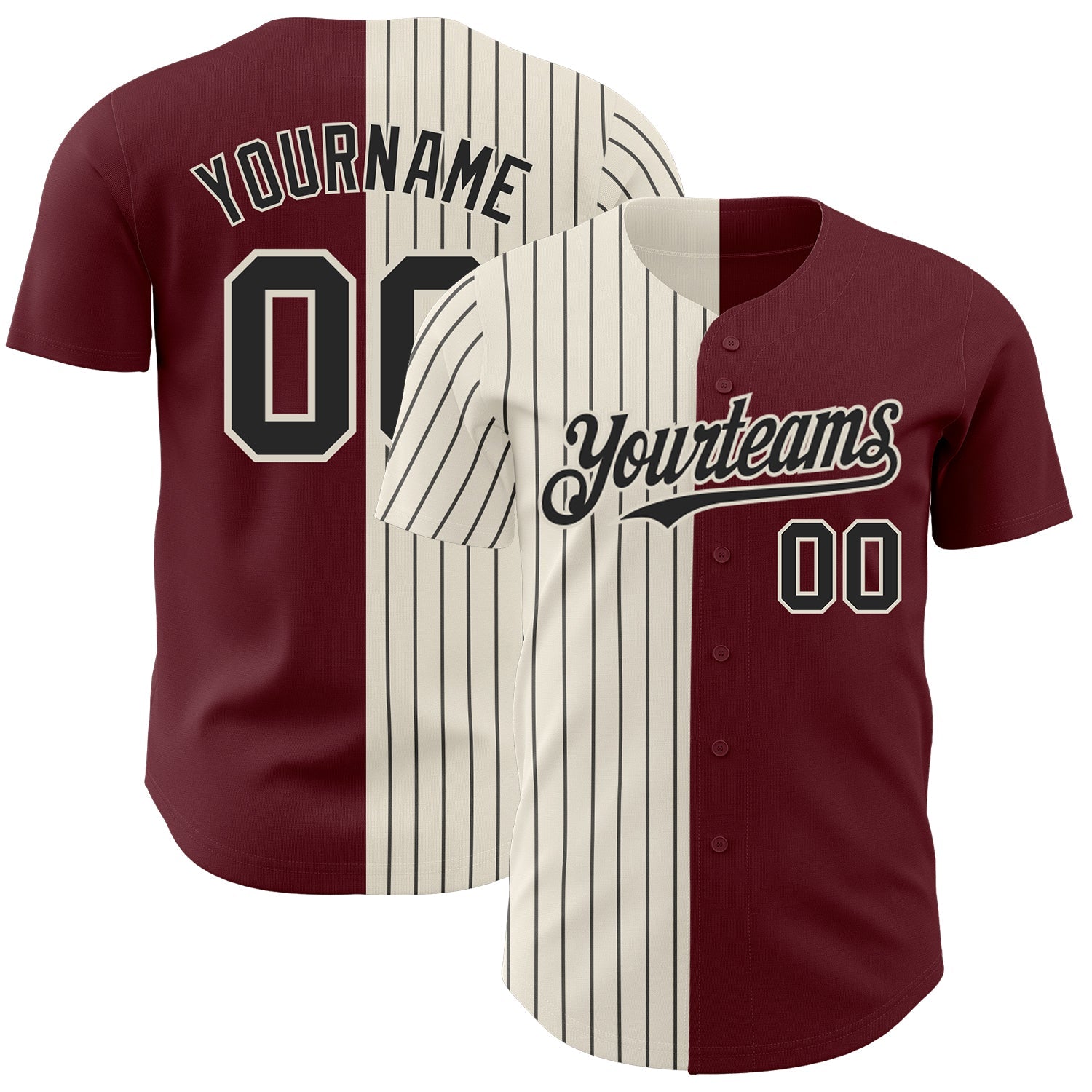 Custom Burgundy Cream-Black Pinstripe Authentic Split Fashion Baseball Jersey - Main View