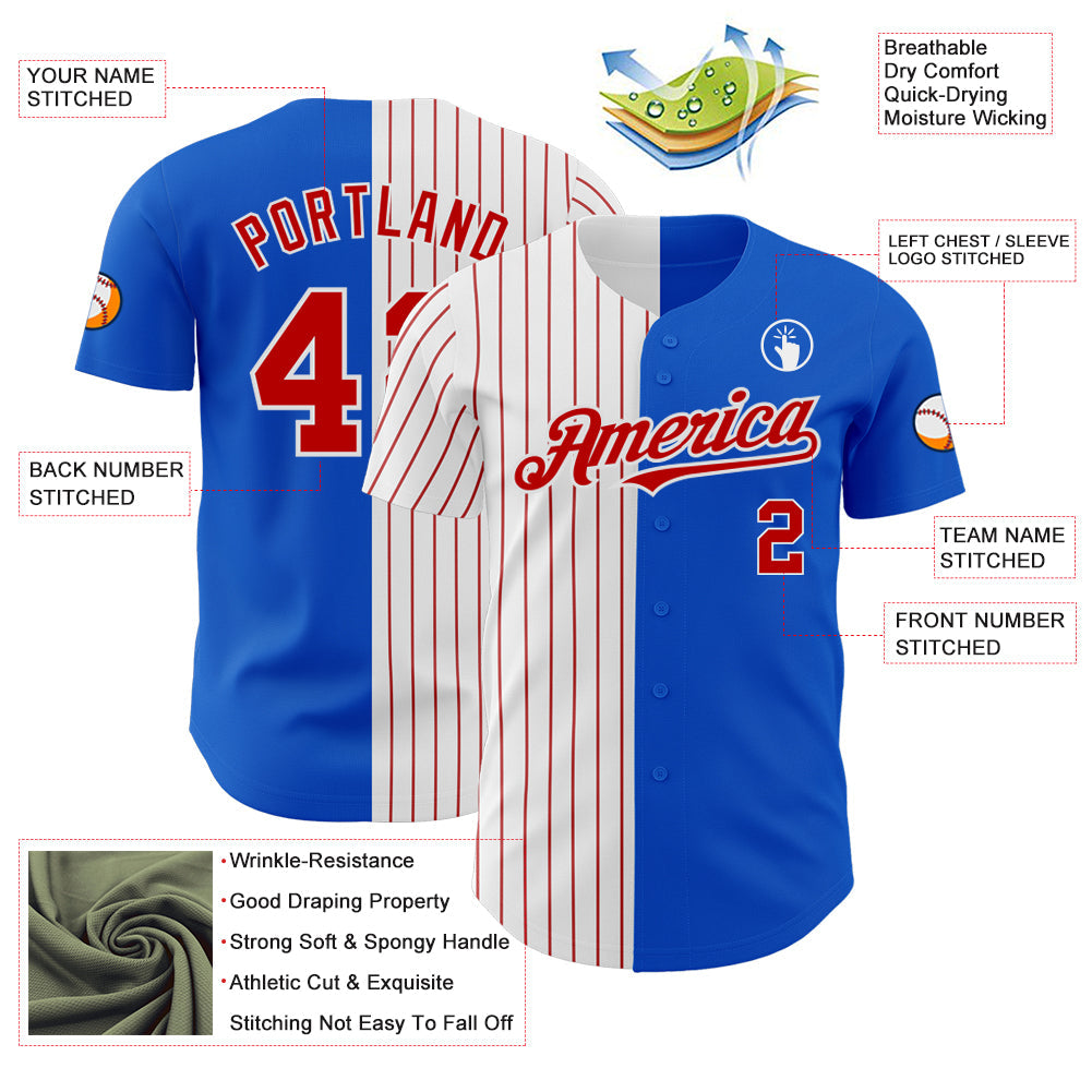 Custom Thunder Blue White-Red Pinstripe Authentic Split Fashion Baseball Jersey view 3