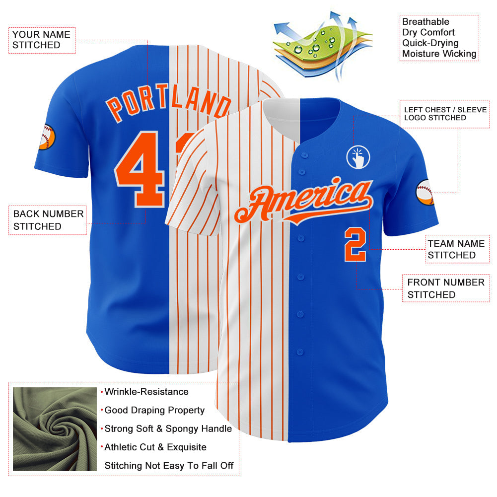 Custom Thunder Blue White-Orange Pinstripe Authentic Split Fashion Baseball Jersey view 3
