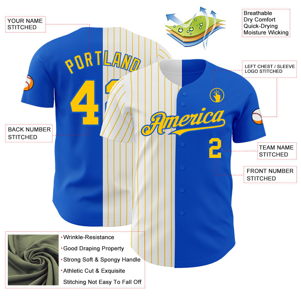 Custom Thunder Blue White-Yellow Pinstripe Authentic Split Fashion Baseball Jersey view 3