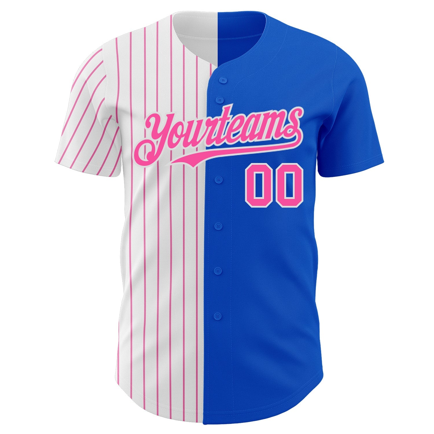 Custom Thunder Blue White-Pink Pinstripe Authentic Split Fashion Baseball Jersey view 2