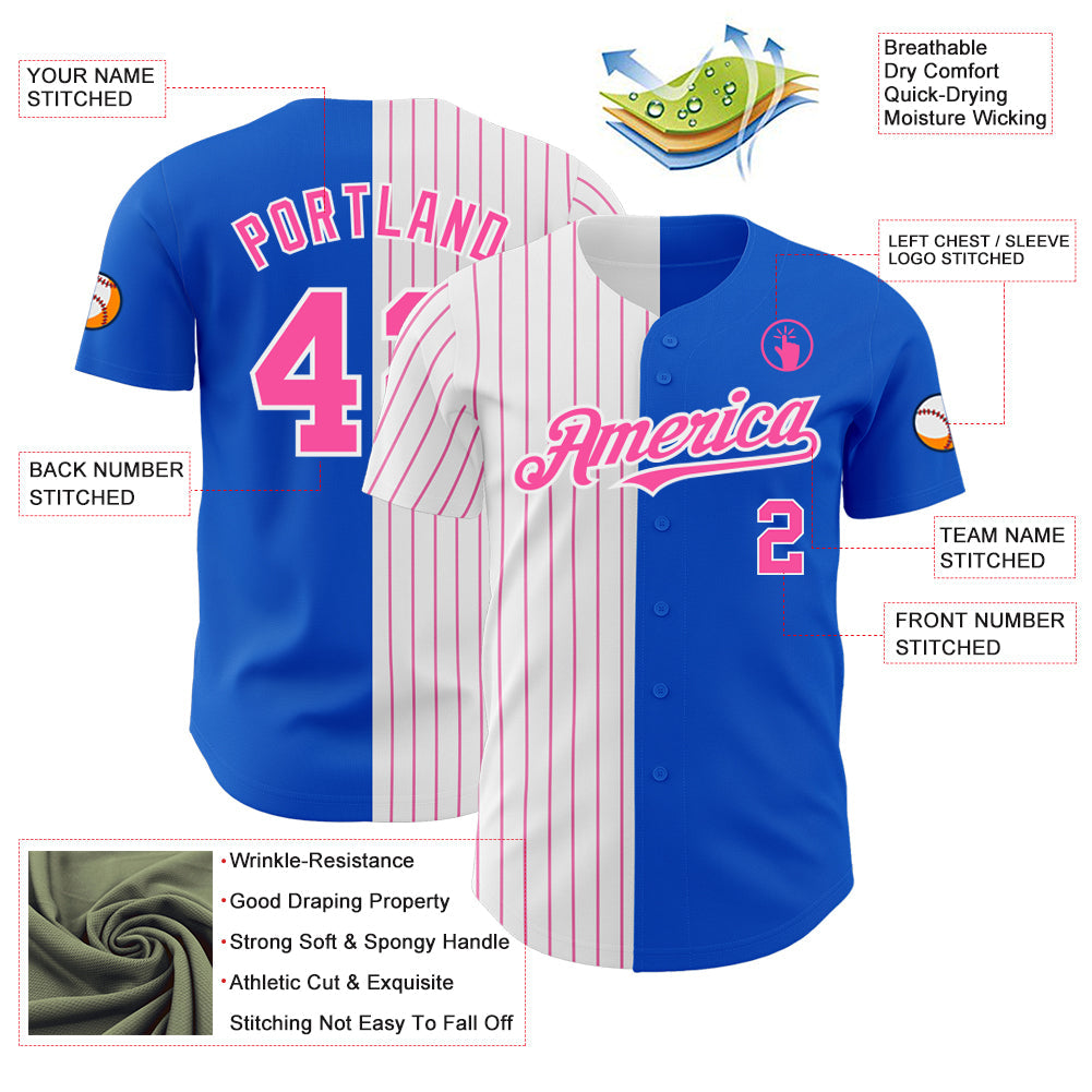 Custom Thunder Blue White-Pink Pinstripe Authentic Split Fashion Baseball Jersey view 3