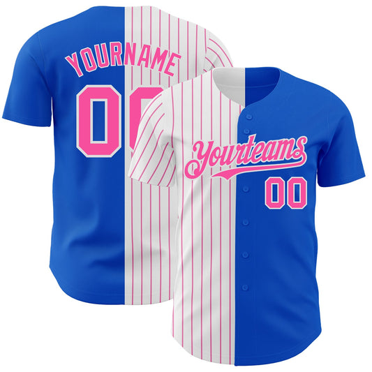 Custom Thunder Blue White-Pink Pinstripe Authentic Split Fashion Baseball Jersey - Main View