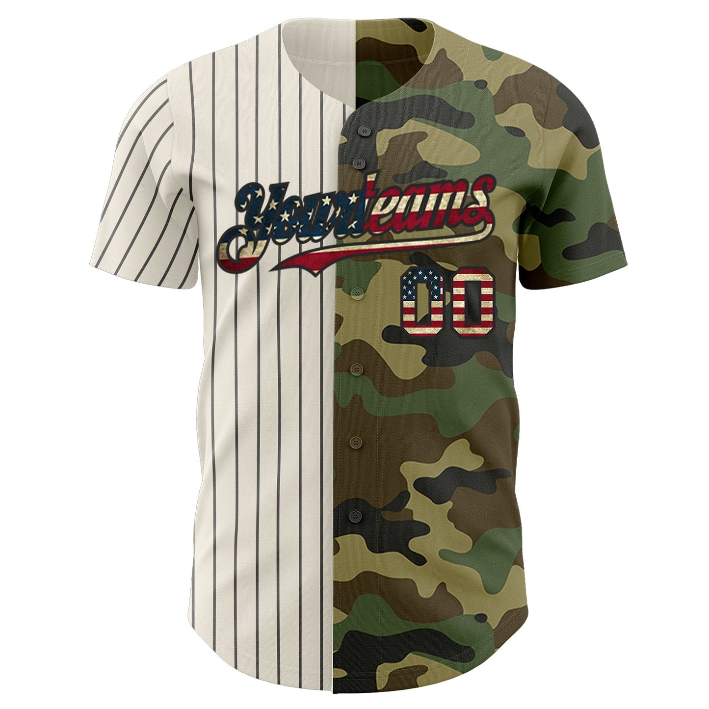 Custom Camo Vintage USA Flag Cream-Black Pinstripe Authentic Split Fashion Salute To Service Baseball Jersey view 2