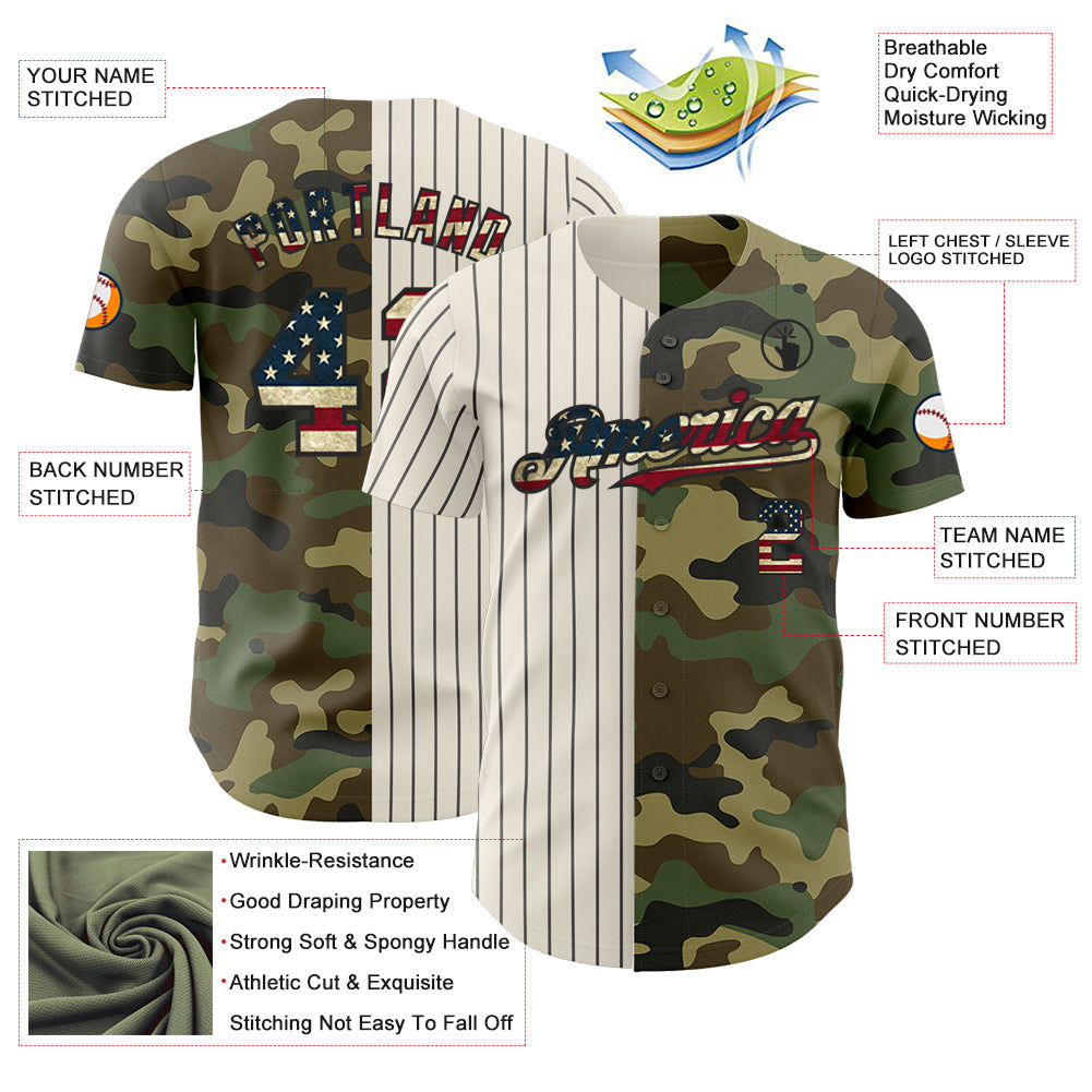 Custom Camo Vintage USA Flag Cream-Black Pinstripe Authentic Split Fashion Salute To Service Baseball Jersey view 3