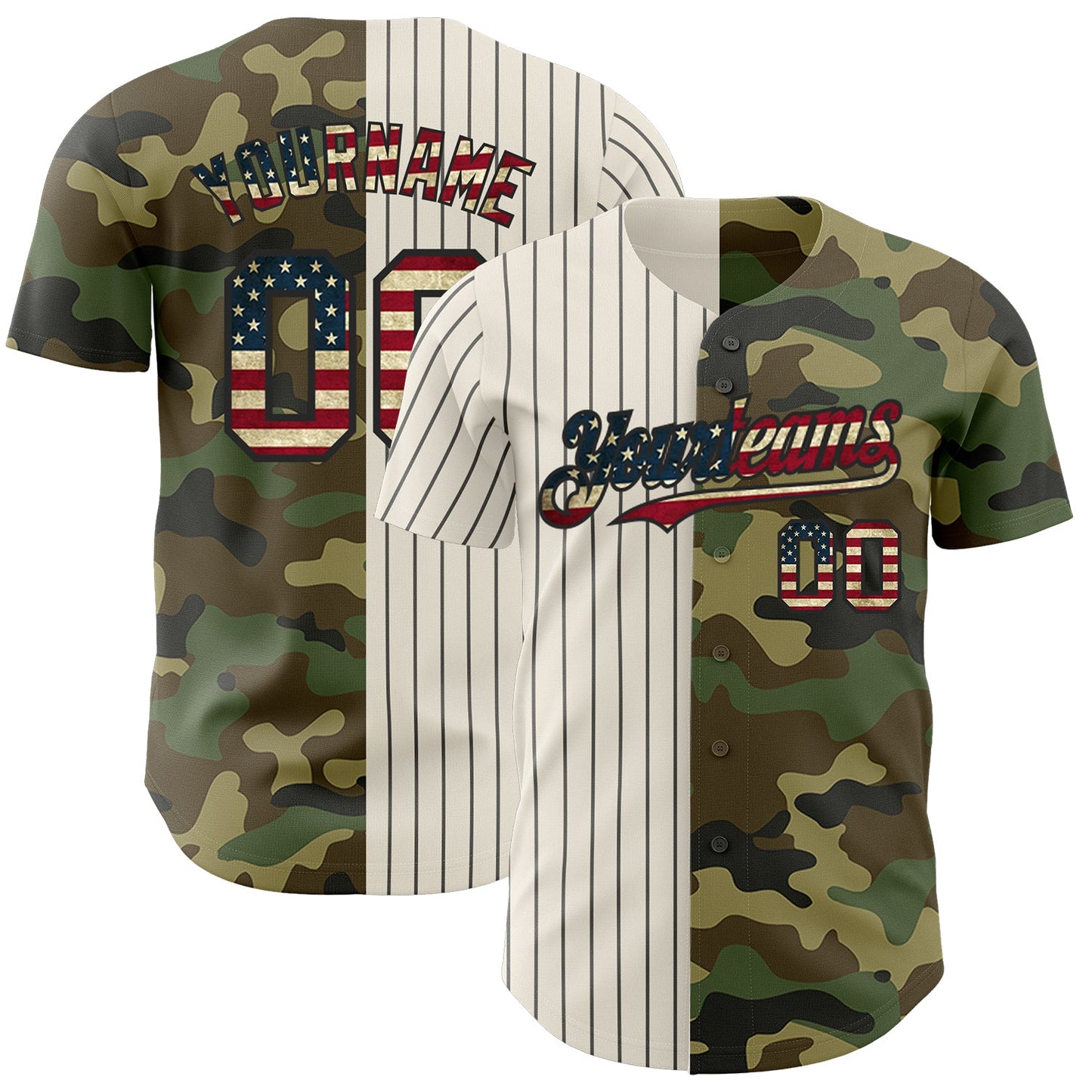 Custom Camo Vintage USA Flag Cream-Black Pinstripe Authentic Split Fashion Salute To Service Baseball Jersey - Main View
