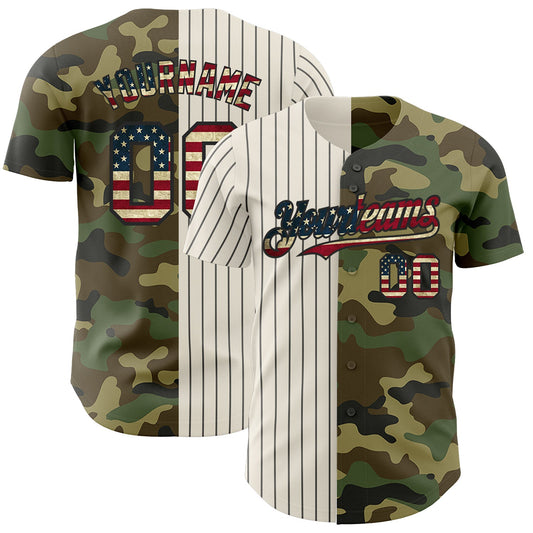 Custom Camo Vintage USA Flag Cream-Black Pinstripe Authentic Split Fashion Salute To Service Baseball Jersey - Main View